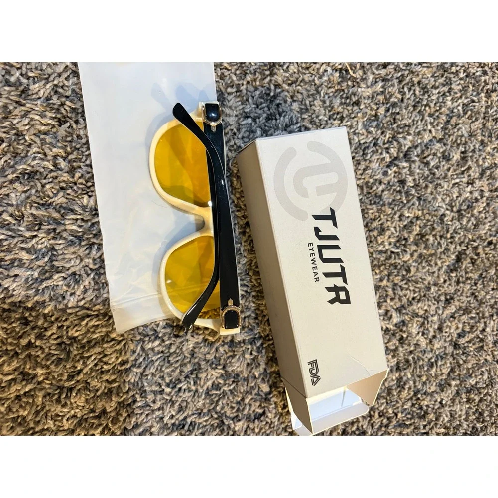 TJUTR Night Driving Glasses Yellow Tinted HD Lens Black Cream Two Tone Frame